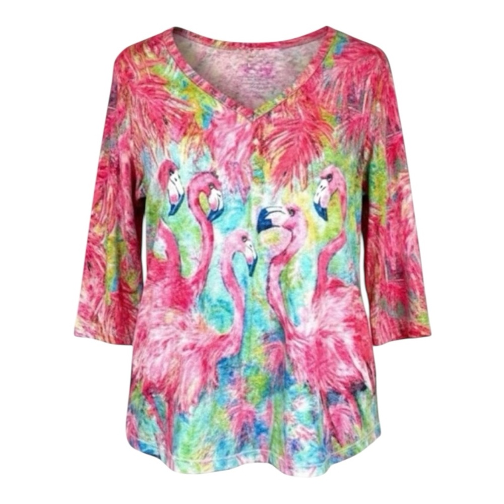 Leoma Lovegrove Art to Wear 3/4 Sleeve Flamingo Print Top Size Xlarge